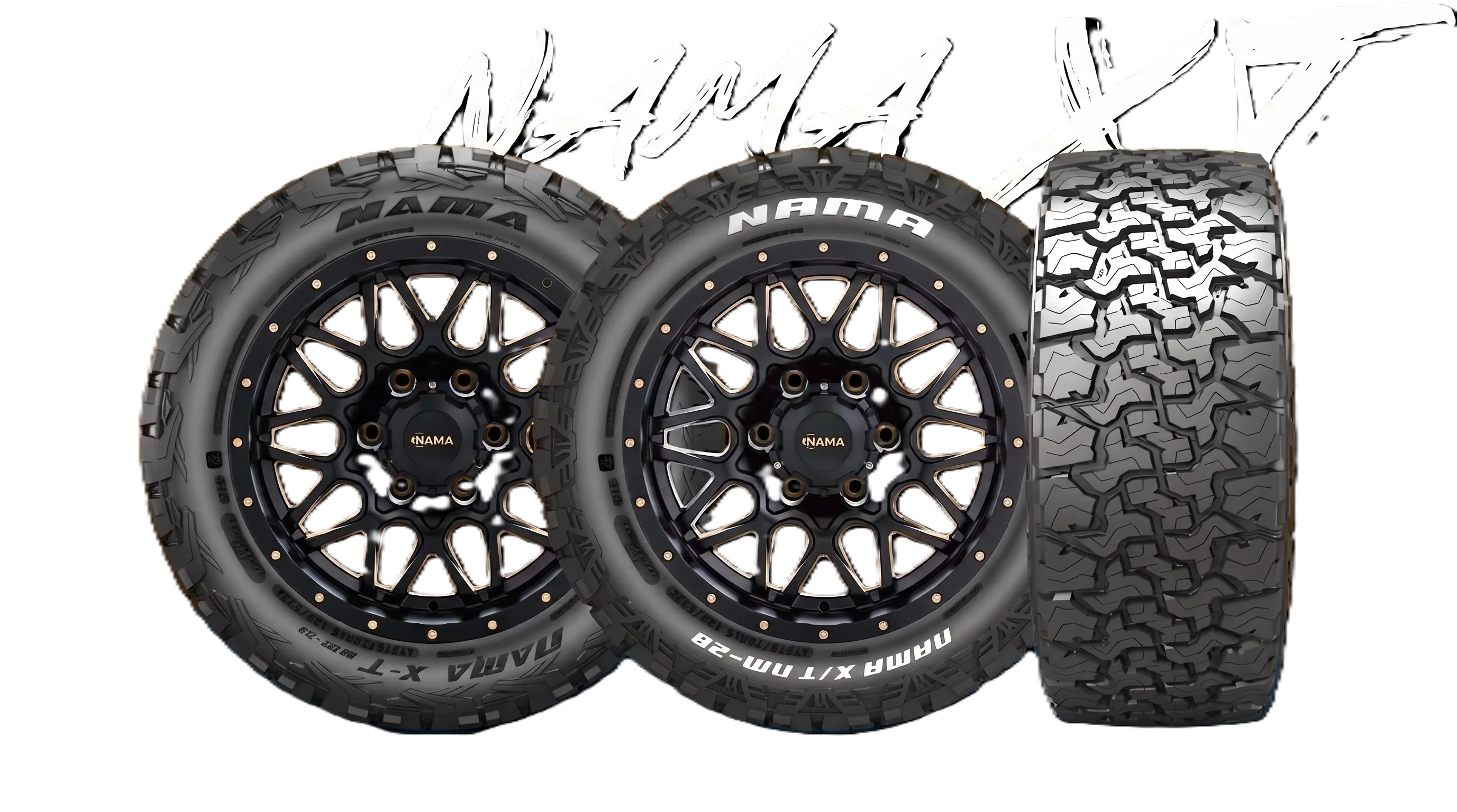NAMA X/T on a black wheel — three-quarter view showing dual sidewall