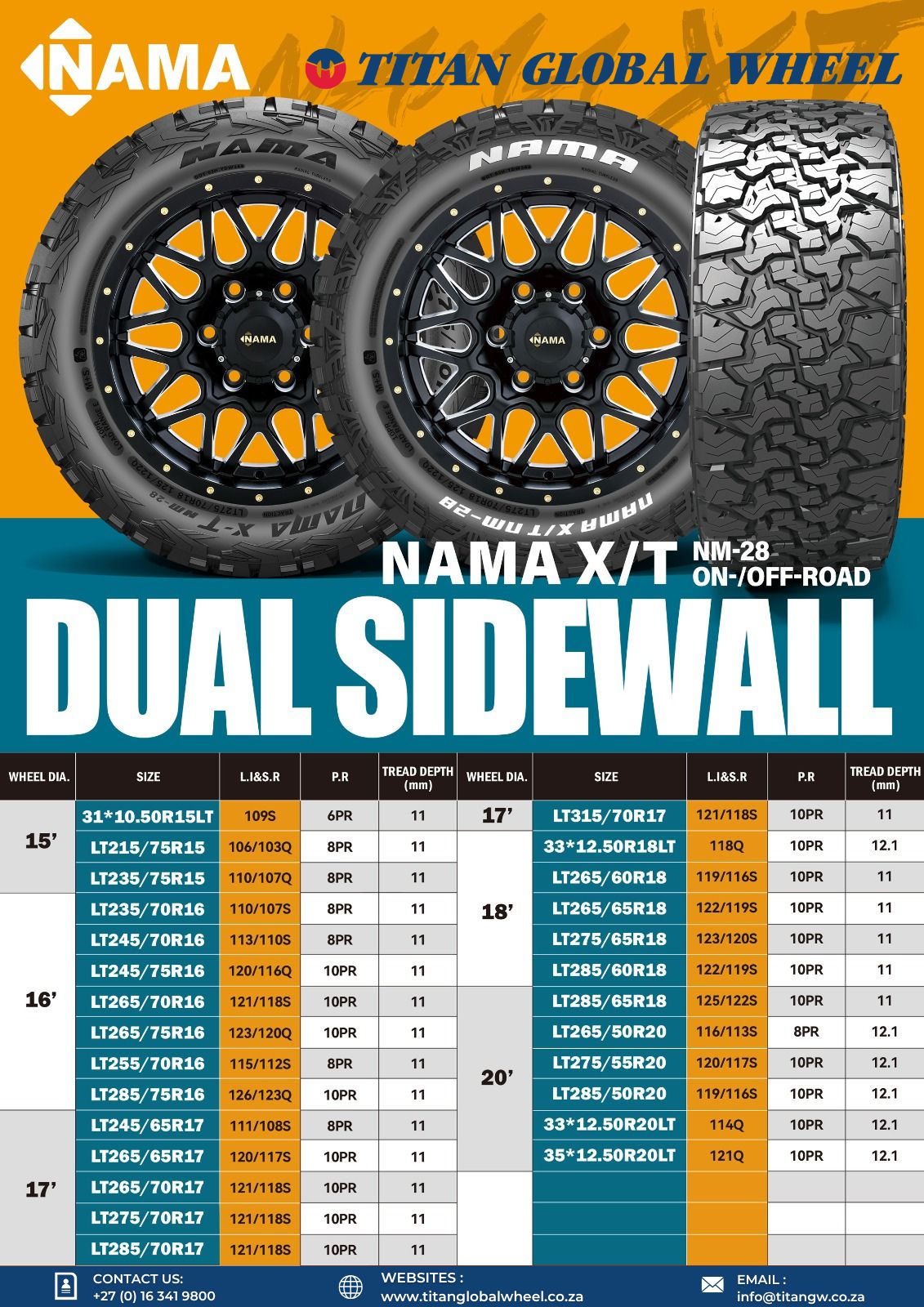 NAMA X/T tyre size range