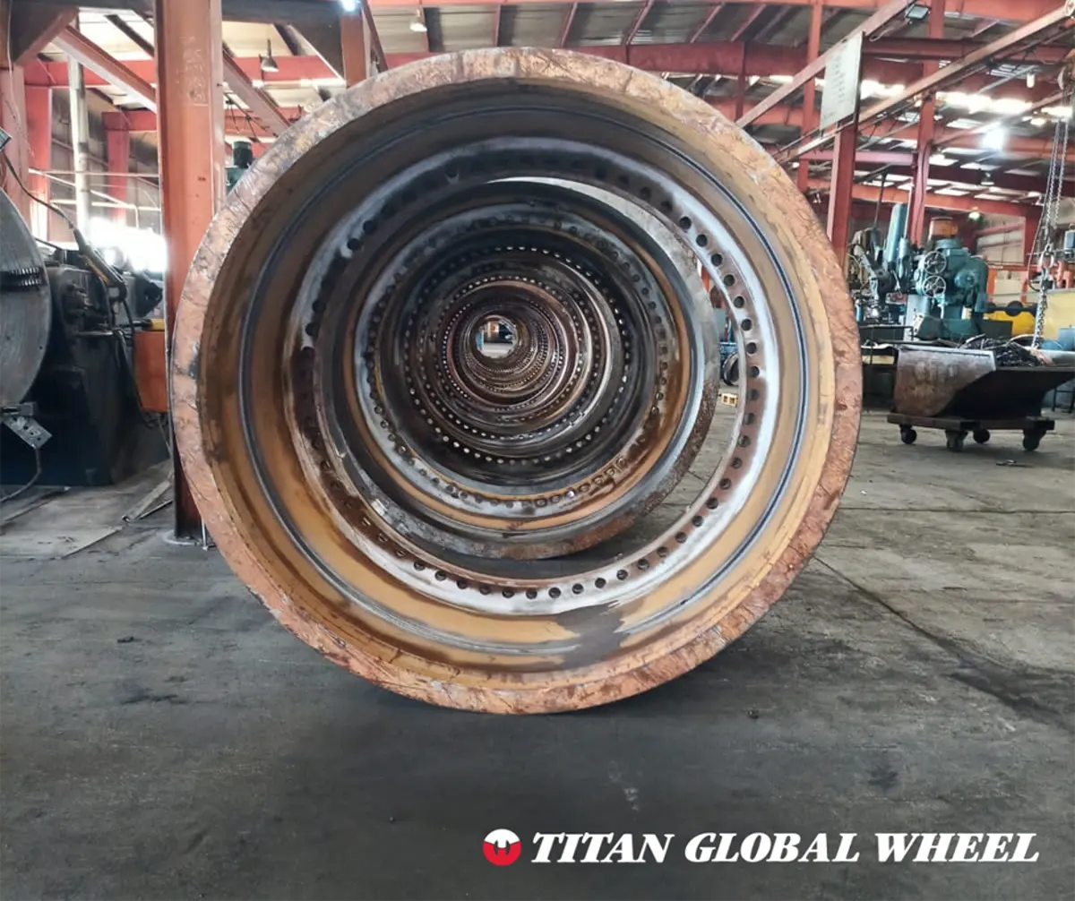 57 and 63 inch IGLR Super Giant OTR wheels on Titan Global Wheel's repair line